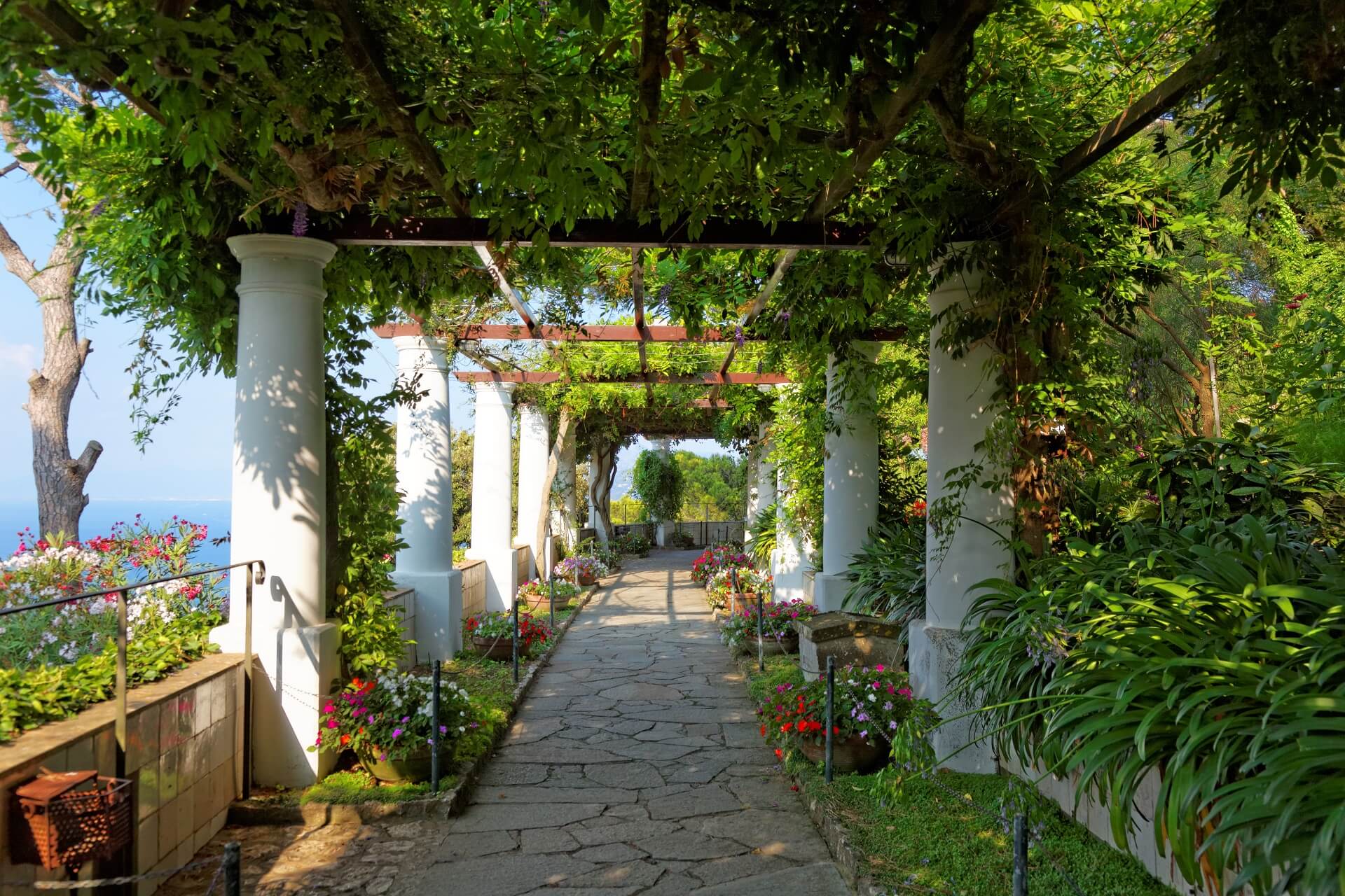 Laubüberdachter Weg mit weißen Säulen, umgeben von bunten Blumenbeeten und grünen Pflanzen. Der Weg führt durch eine Pergola im Garten der Villa San Michele mit Blick auf das blaue Meer links.