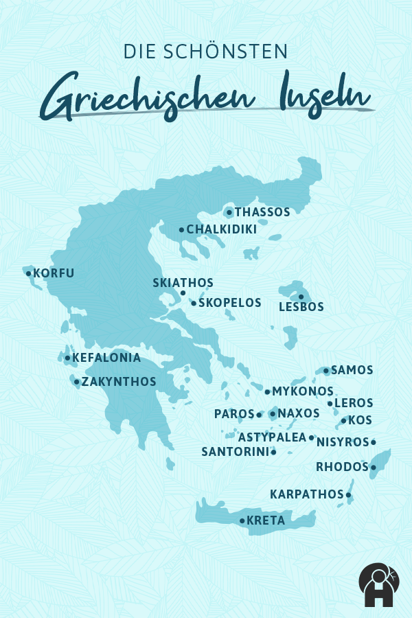 Hellblaue Illustration der schönsten griechischen Inseln in Dunkelblau mit Namen, verteilt auf einer Karte Griechenlands, vor Palmblattmuster-Hintergrund.