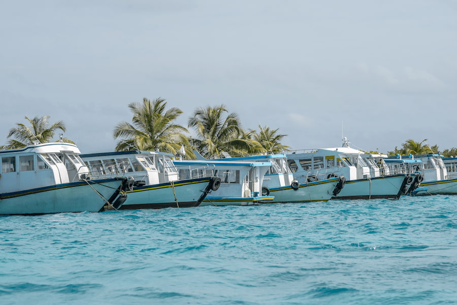 Mehrere Boote liegen im Hafen vor türkisblauem Wasser vor Anker, im Hintergrund wiegen sich Palmen im Wind. Ideal für einen Familienurlaub auf den Malediven.