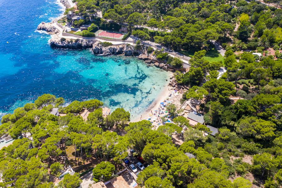 Kleine malerische Bucht Cala Gat in Cala Ratjada, Mallorca, umgeben von üppigen grünen Bäumen und Felsen; klares türkisfarbenes Wasser und belebter Sandstrand voller Sonnenliegen und Urlauber – ideal für einen Familienferien auf Mallorca.