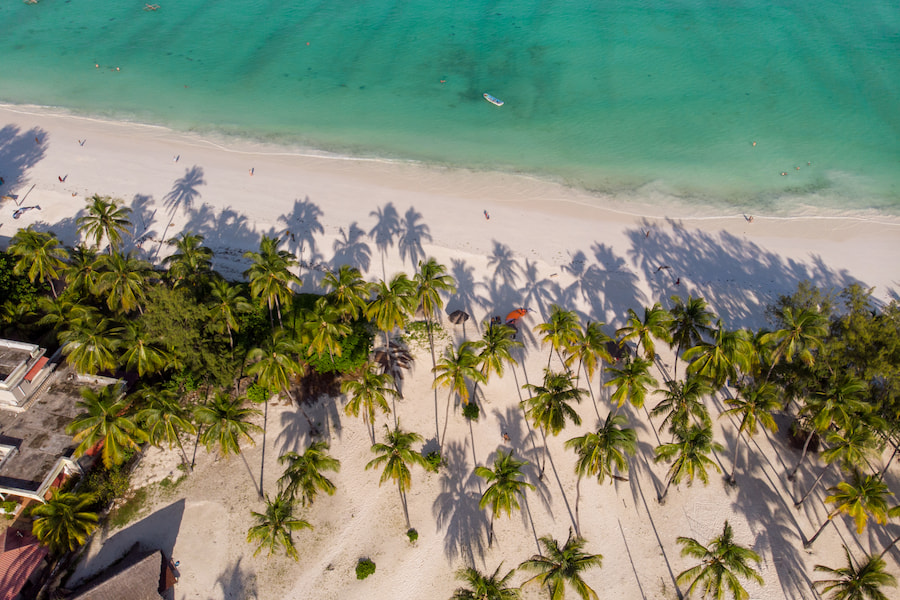 Am Paje Beach auf Sansibar erstreckt sich weißer Sandstrand am türkisfarbenen Meer. Zahlreiche Palmen werfen Schatten über den Strand, perfekt für einen Familienurlaub auf Sansibar. Im Wasser schwimmen einige Personen.