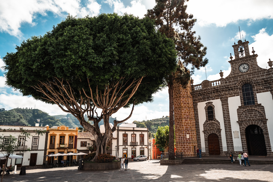 Großer Platz auf Gran Canaria mit der Basilika Nuestra Señora del Pino rechts und einem großen Baum in der Mitte.