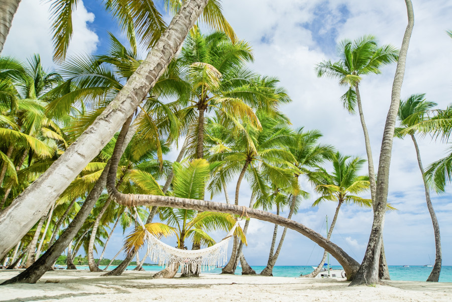 Hängematte zwischen gebogenen Palmen auf hellem Sandstrand. Im Hintergrund türkisfarbenes Meer und blauer Himmel mit weißen Wolken. Palmenblätter wiegen sanft im Wind.